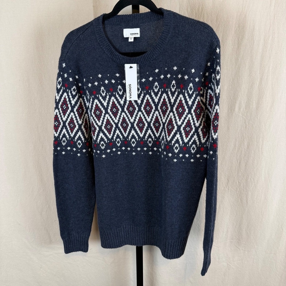 SONOMA Mens Fair Isle Crew Neck Sweater Navy Blue Red White‎ Size M
